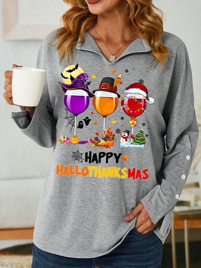 Women's Happy Hallo Thanks Mas Funny  Three Red Wine Glasses Christmas Graphic Print V Neck Simple Sweatshirt