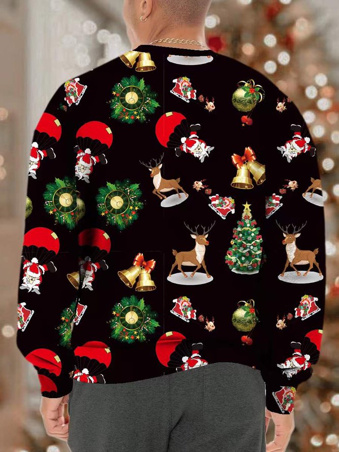 Men's Merry Christmas Funny Elk Santa Full Print Claus Casual Loose Sweatshirt