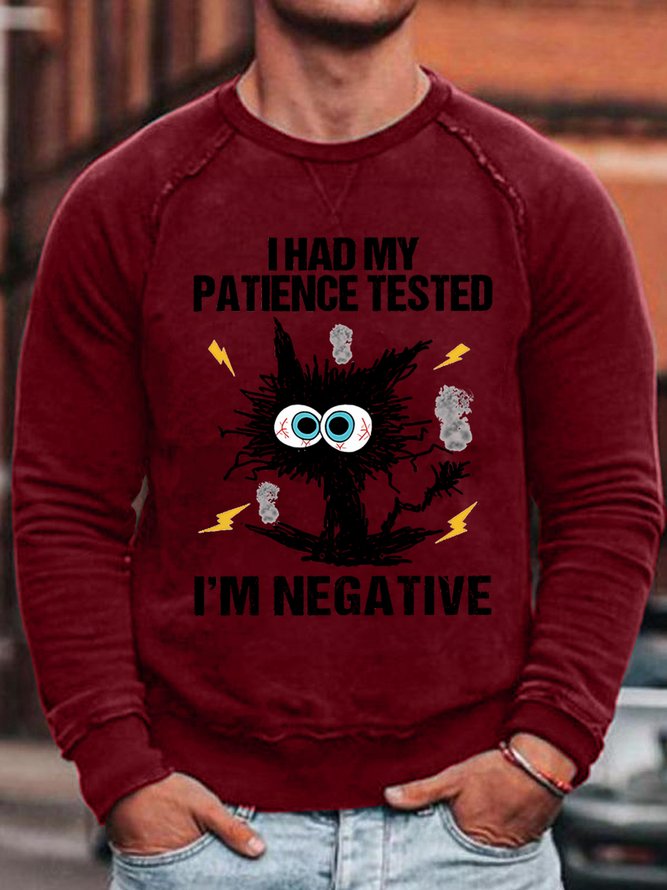 Mens I Am Negative Funny Grumpy Black Cat Graphic Print Text Letters Crew Neck Sweatshirt