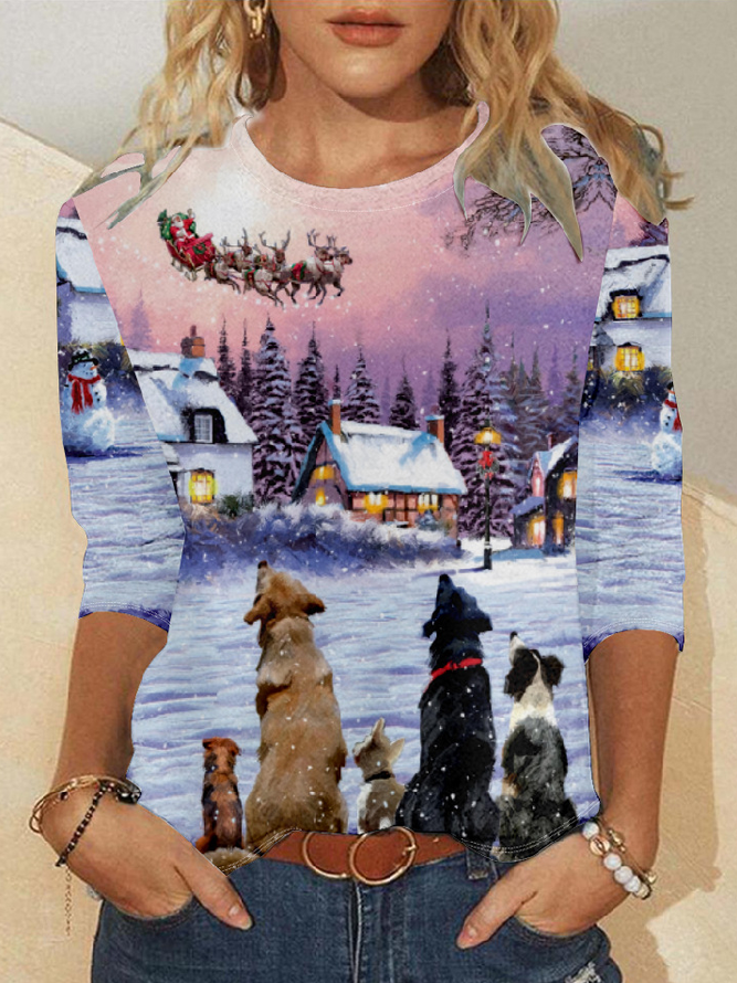 Womens Christmas Dog And Santa Print Casual Top