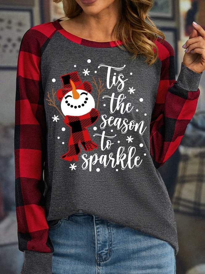 Women's Tis The Season To Sparkle Christmas Snowman Buffalo Plaid Graphic Print Merry Christmas Loose Crew Neck Top