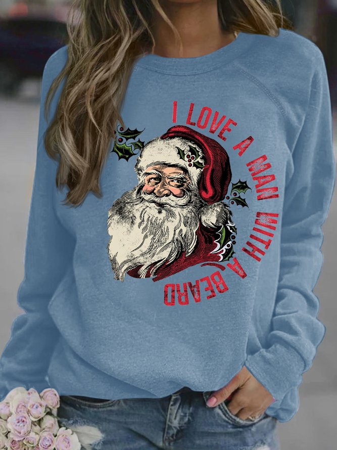 Women's I Love A Man With A Beard Funny Santa Graphic Print Casual Crew Neck Christmas Sweatshirt