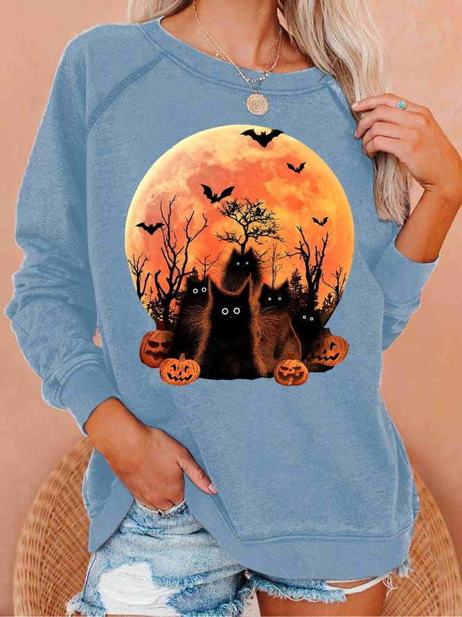 Womens Halloween Black Witch Cat Crew Neck Sweatshirt