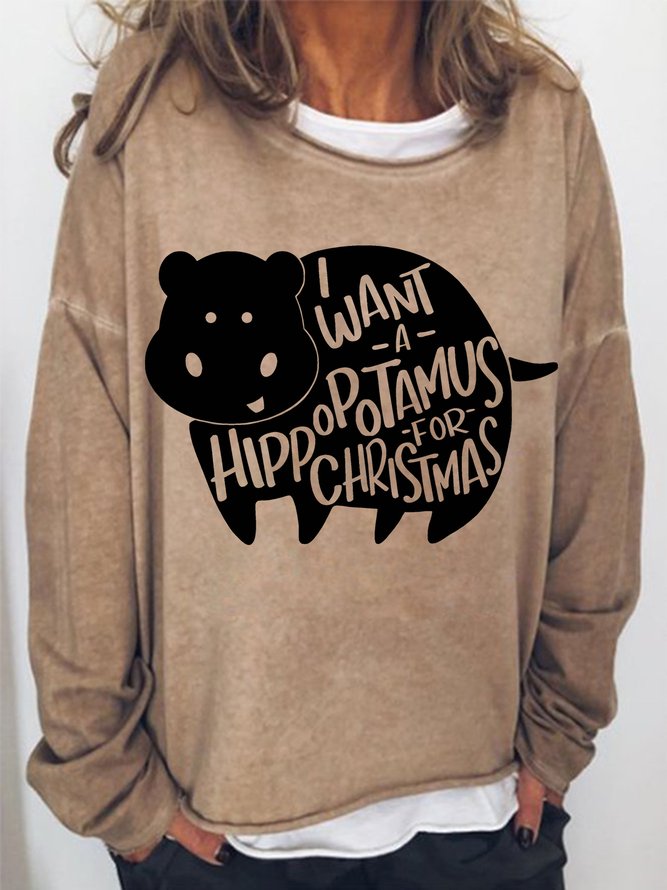 Women's I Want A Hippopotamus For Christmas Funny Graphic Print Casual Crew Neck Sweatshirt
