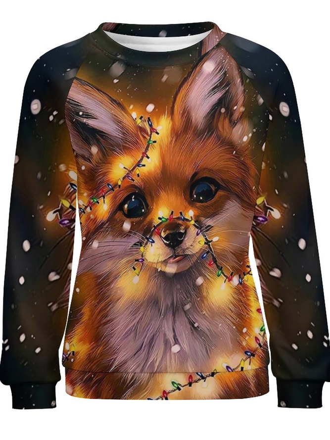 Women Crew Neck Raglan Sleeve Christmas Fox Color Light Sweatshirt
