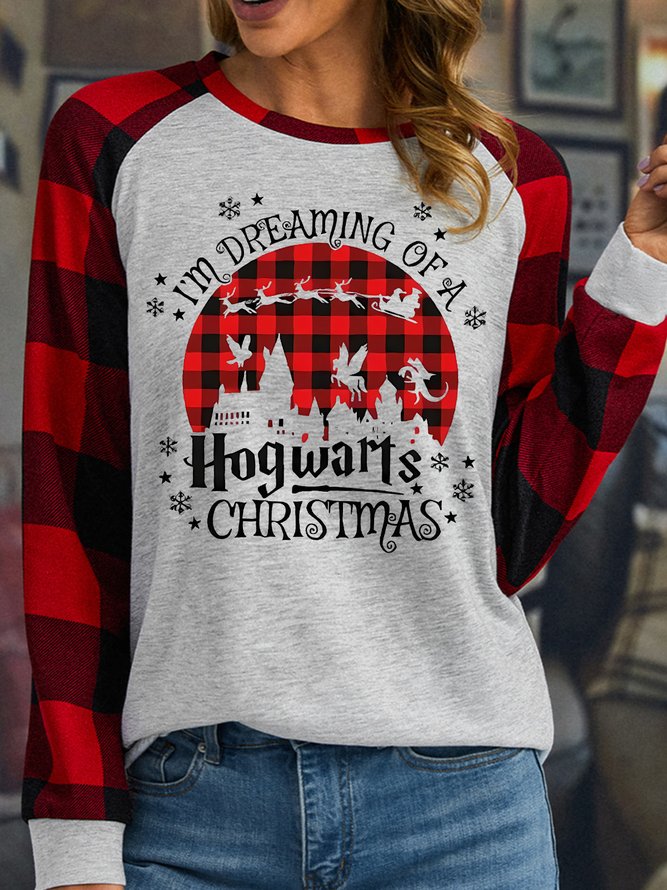Women's I Am Dreaming Of A Hogwarts Christmas Funny Buffalo Plaid Graphic Print Merry Christmas Loose Crew Neck Top