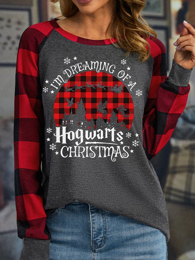 Women's I Am Dreaming Of A Hogwarts Christmas Funny Buffalo Plaid Graphic Print Merry Christmas Loose Crew Neck Top