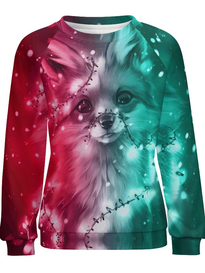 Women Fox gradient color Cotton Casual Raglan Sleeve Sweatshirt