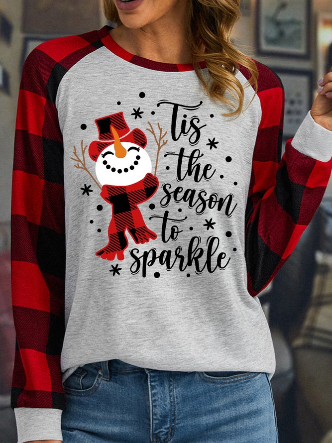 Women's Tis The Season To Sparkle Christmas Snowman Buffalo Plaid Graphic Print Merry Christmas Loose Crew Neck Top