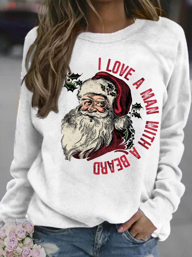 Women's I Love A Man With A Beard Funny Santa Graphic Print Casual Crew Neck Christmas Sweatshirt