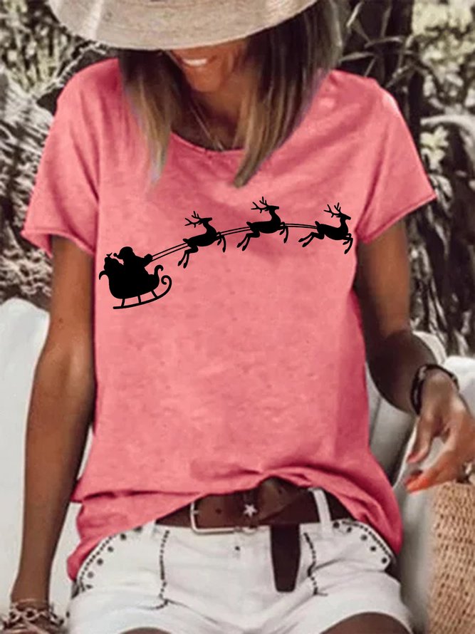 Women's Santa Elk Funny Graphic Print Casual Christmas Cotton-Blend T-Shirt