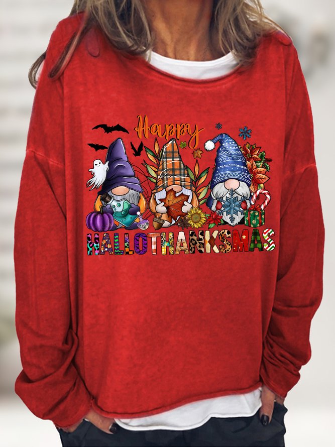 Women's Happy Hallo Thanks Mas Funny Gnome Christmas Graphic Print Casual Loose Sweatshirt