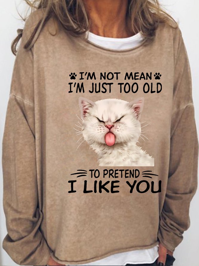 Womens Funny Letter Cat Crew Neck Sweatshirt