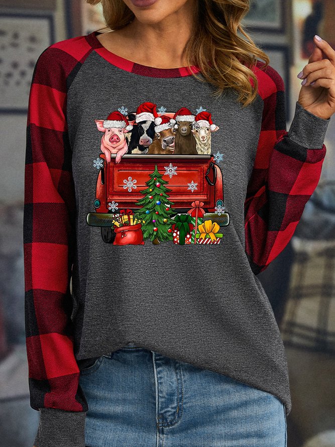 Animal With Christmas Women's Long Sleeve Buffalo Plaid T-Shirt