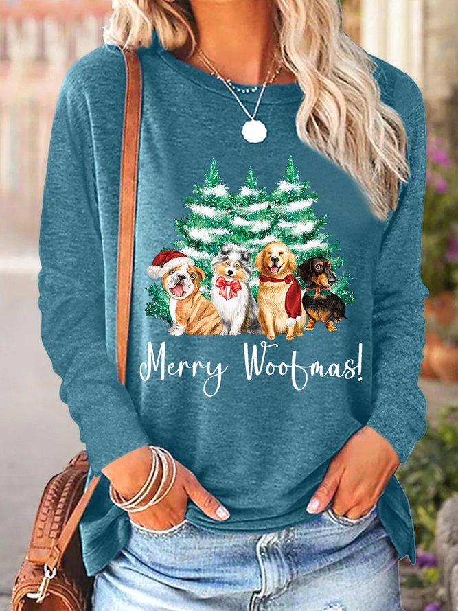 Women Funny Christmas Dog Merry Woofmas Cotton-Blend Crew Neck Long sleeve Top