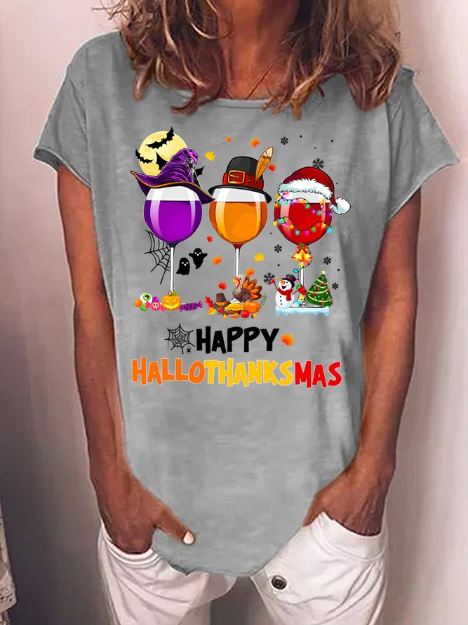 Women's Happy Hallo Thanks Mas Funny  Three Red Wine Glasses Christmas Graphic Print Crew Neck Casual T-Shirt