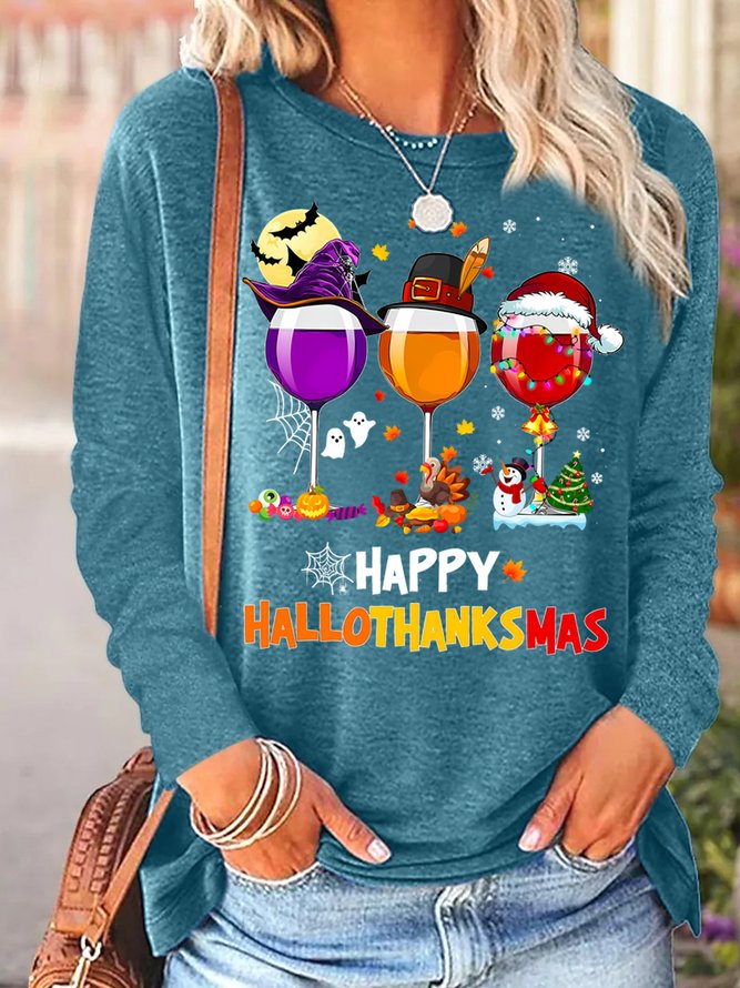 Women's Happy Hallo Thanks Mas Funny  Three Red Wine Glasses Christmas Graphic Print Cotton-Blend Regular Fit Casual Top