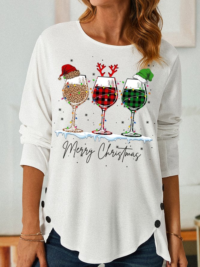 Women's Funny Three Red Wine Glasses Christmas Graphic Print Casual Cotton-Blend Loose Top