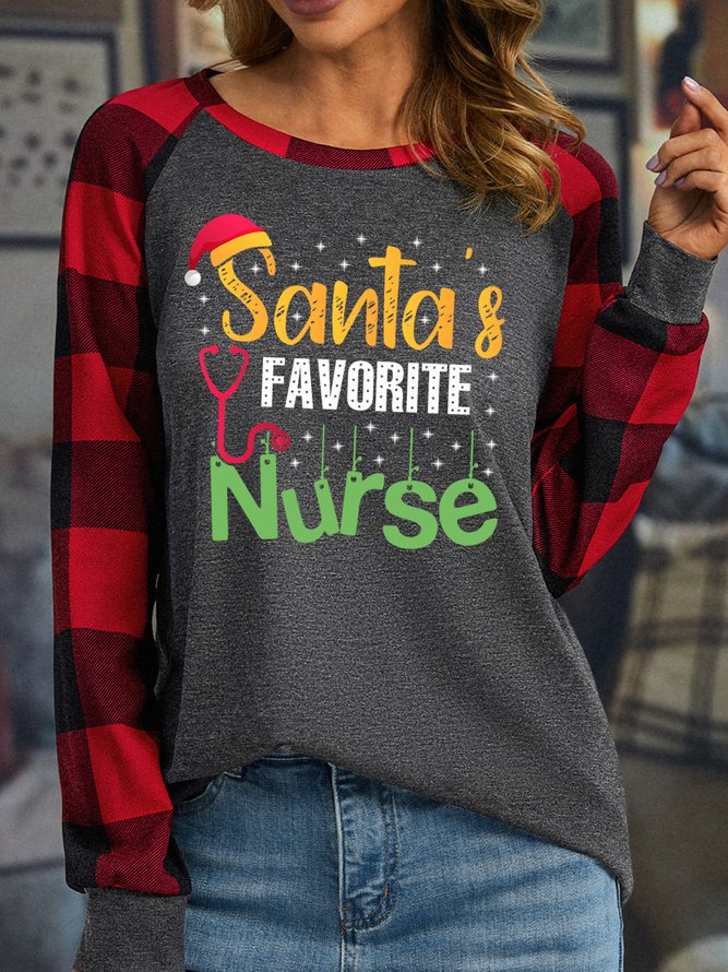 Lilicloth X Jessanjony Santa‘s Favorite Nurse Women's Christmas Long Sleeve Buffalo Plaid T-Shirt