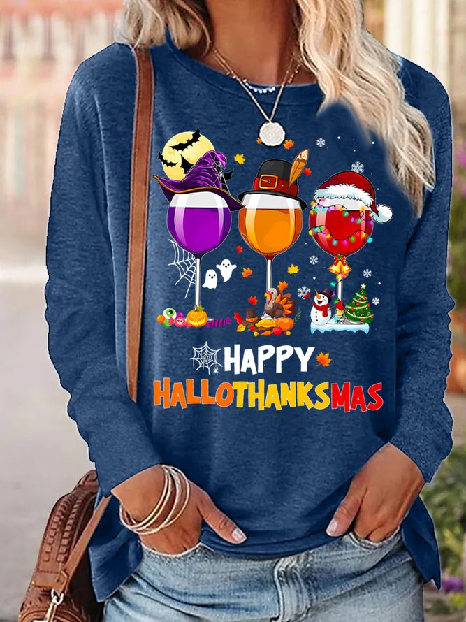 Women's Happy Hallo Thanks Mas Funny  Three Red Wine Glasses Christmas Graphic Print Cotton-Blend Regular Fit Casual Top