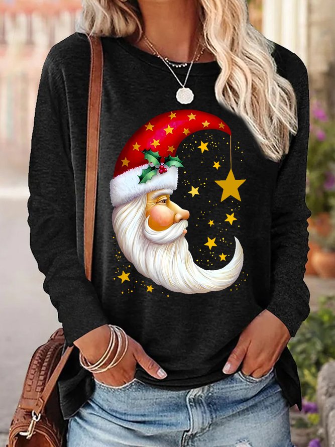 Women Santa Moon Christmas Cotton-Blend Simple Long sleeve Top