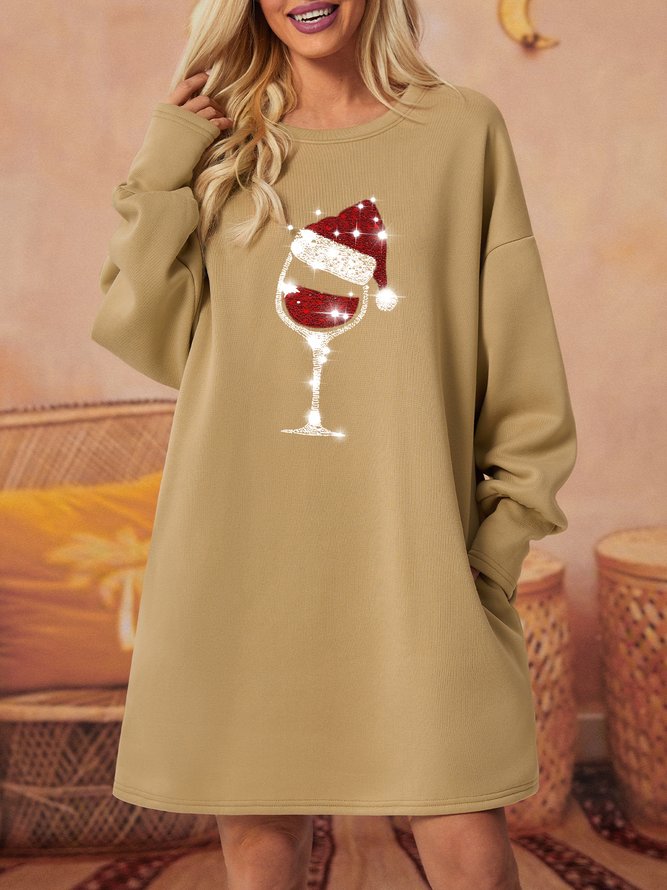 Women Merry Christmas Wine Glasses Crew Neck Casual Loose Sweatshirt Dress