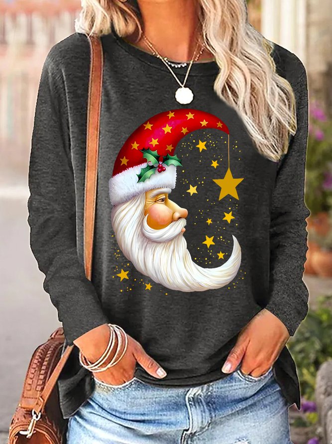 Women Santa Moon Christmas Cotton-Blend Simple Long sleeve Top