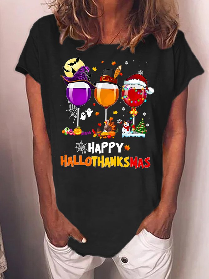 Women's Happy Hallo Thanks Mas Funny  Three Red Wine Glasses Christmas Graphic Print Crew Neck Casual T-Shirt