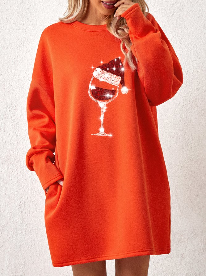 Women Merry Christmas Wine Glasses Crew Neck Casual Loose Sweatshirt Dress