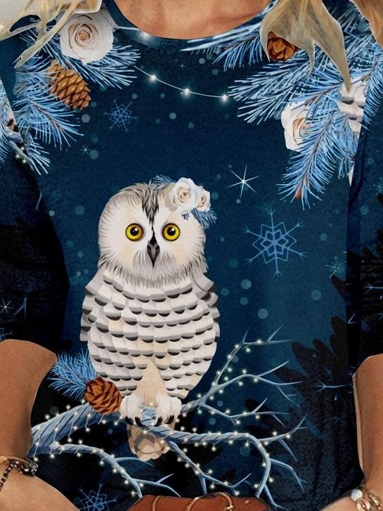 Womens Casual Christmas Owl Crew Neck Top