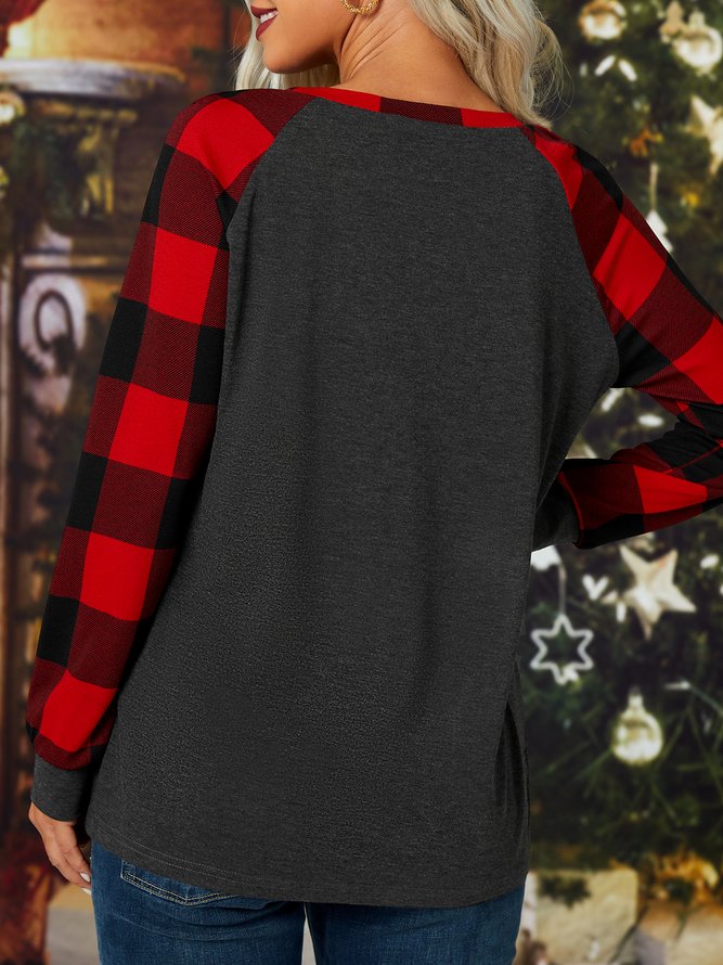 Women's Have Yourself A Merry Little Christmas Christmas Buffalo Plaid Graphic Print Merry Christmas Loose Crew Neck Top