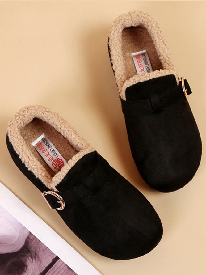 Casual Plain Buckle Warm Lined Flat Peas Shoes