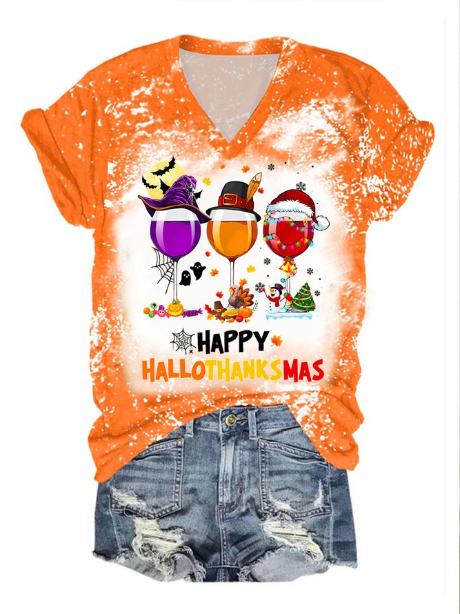 Women's Happy Hallothankmas Funny Three Red Wine Glasses Bleach Graphics Print V Neck Cotton-Blend Loose T-Shirt
