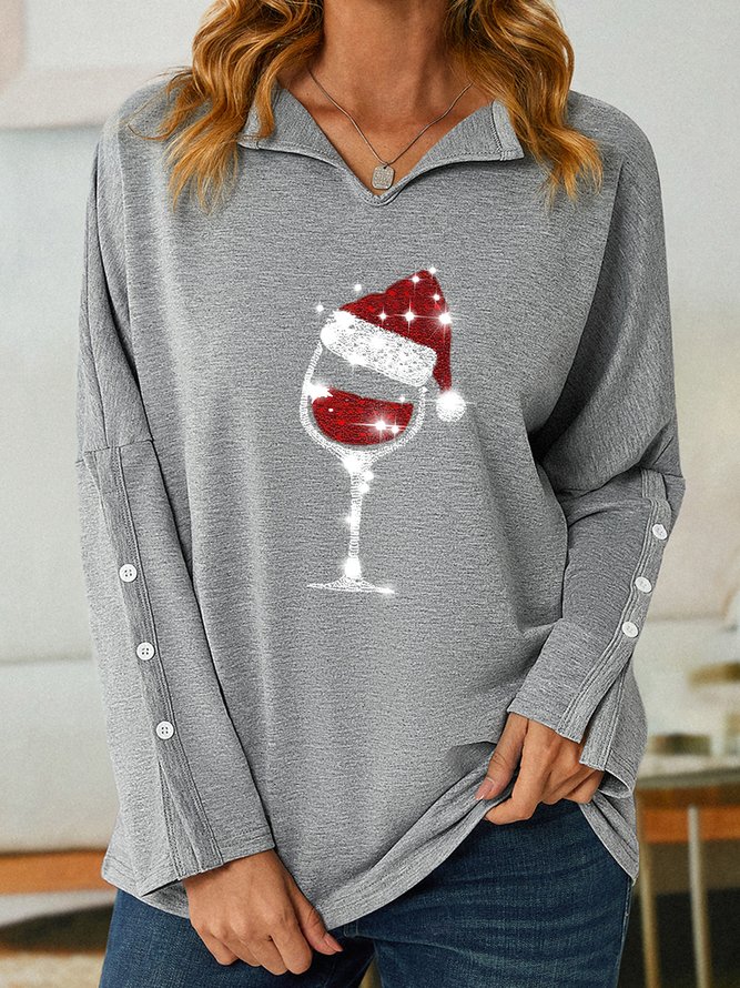 Women Christmas Wine glasses Loose Simple Sweatshirt