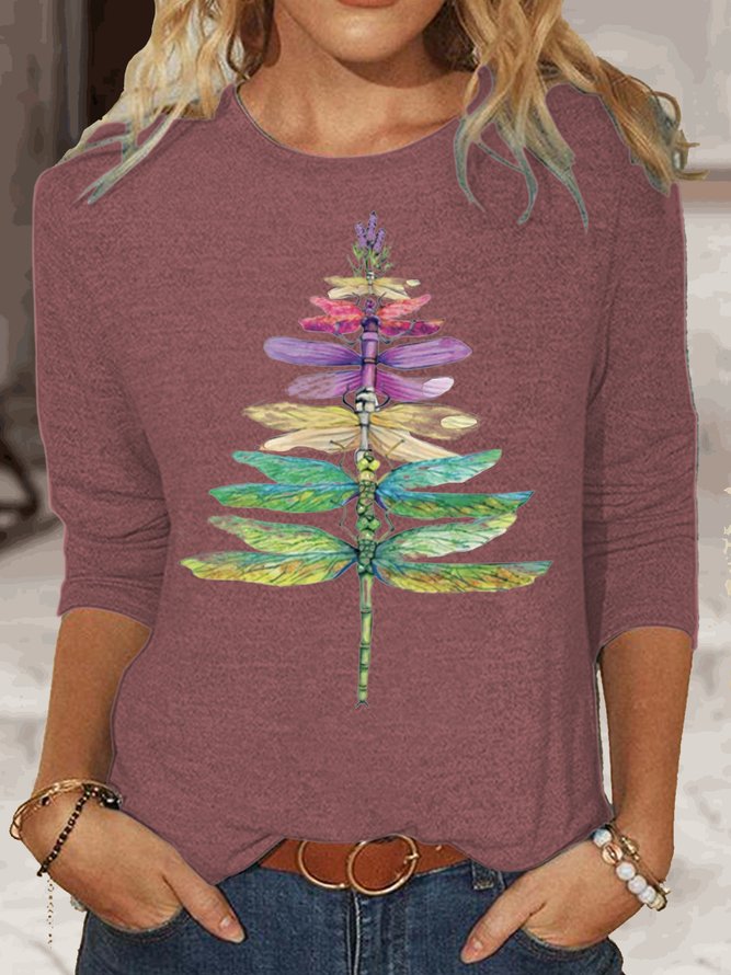 Womens Christmas Tree Dragonfly Crew Neck Top