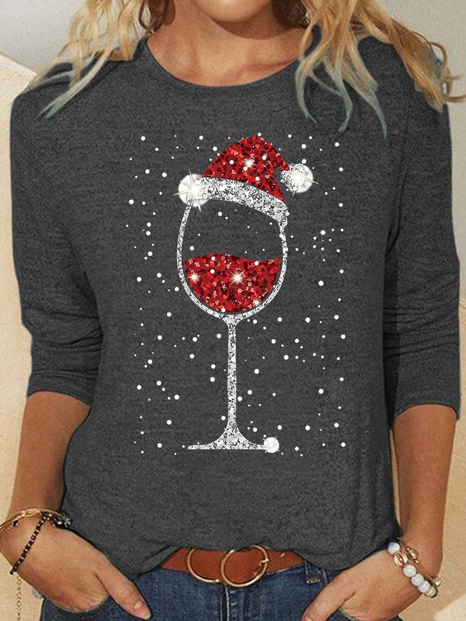 Women's Christmas Glass Of Red Wine Crew Neck Casual Long Sleeve T-shirt