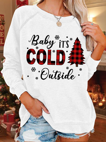 Women Funny Christmas Baby It's Cold Outside Plaid Loose Sweatshirt