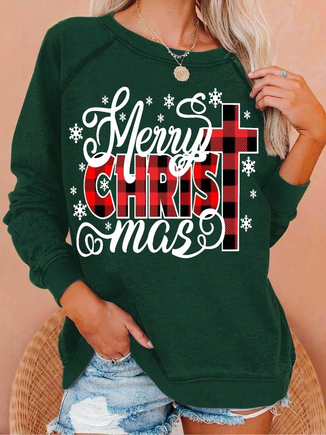 Womens Merry Christmas Jesus Christ Buffalo Plaid Casual Sweatshirt