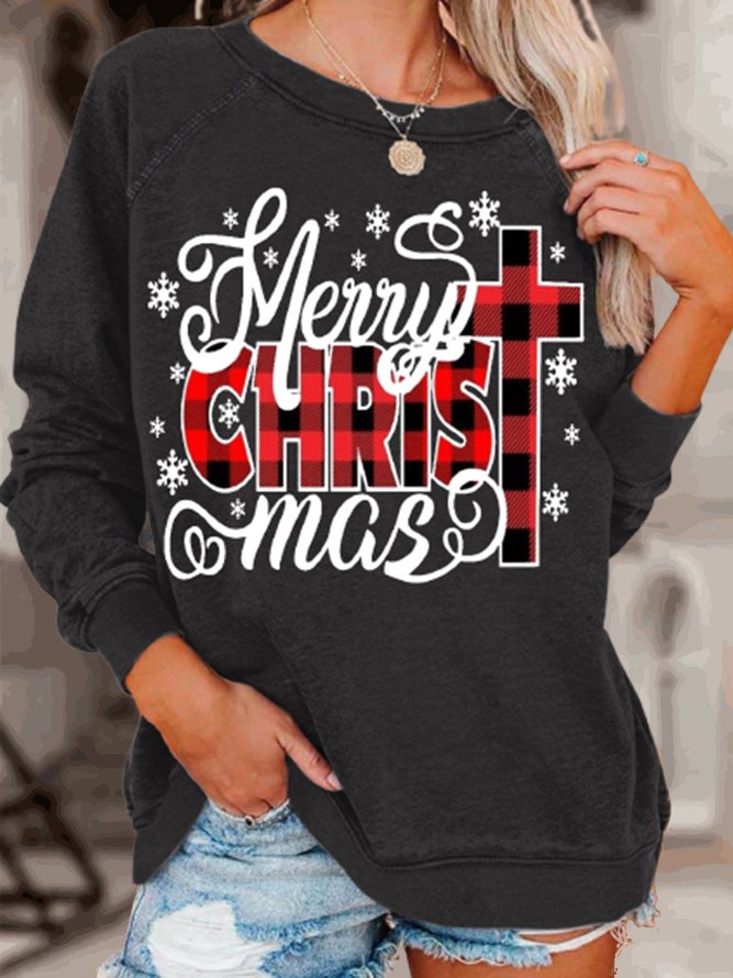 Womens Merry Christmas Jesus Christ Buffalo Plaid Casual Sweatshirt