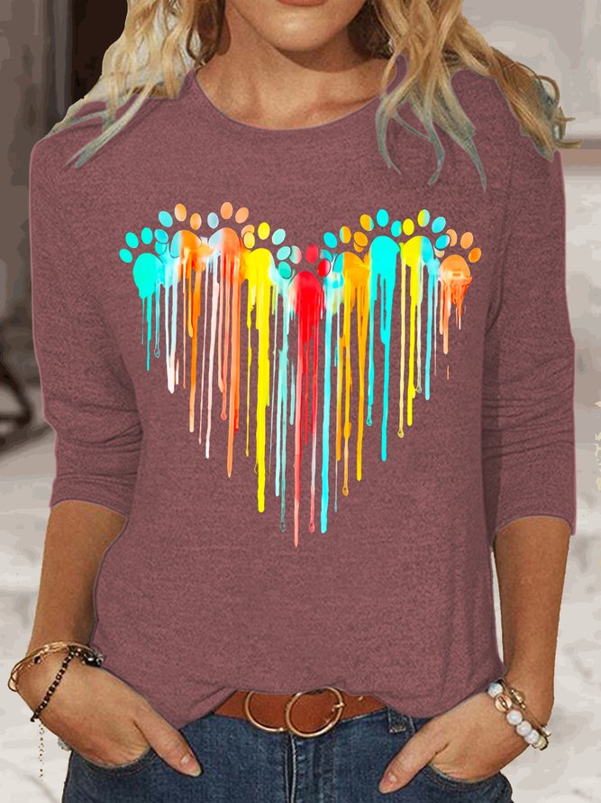 Womens Paw Heart Print Crew Neck Casual Top