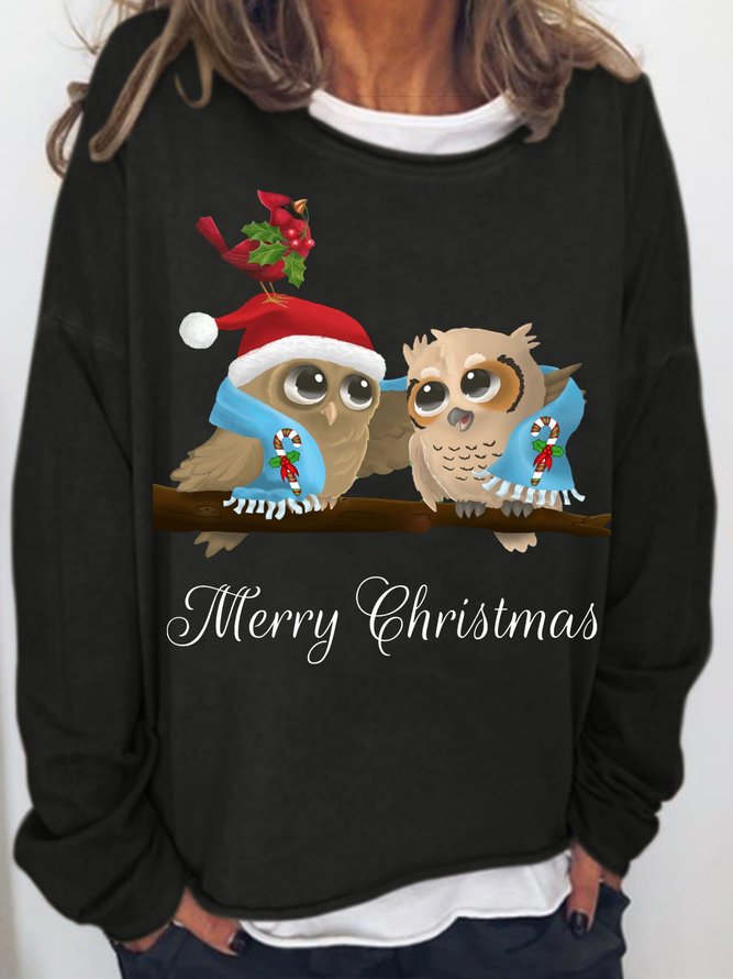 Womens Christmas Owls Print Casual Crew Neck Top