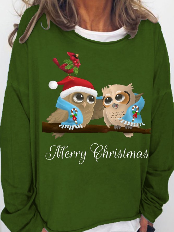 Womens Christmas Owls Print Casual Crew Neck Top
