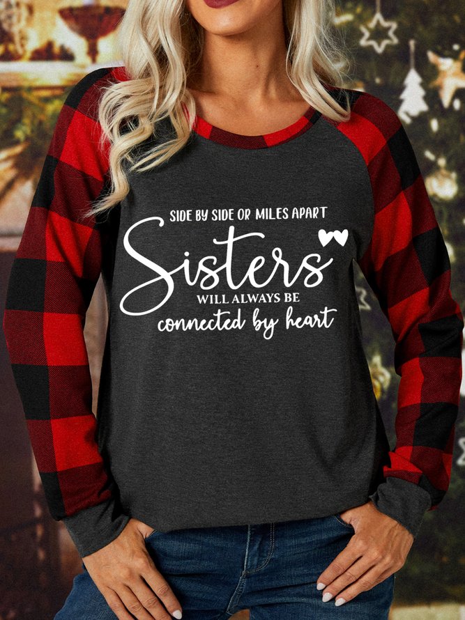 Side By Side Or Miles Apart Sisters Will Always Be Connected By Heart Women's Long Sleeve Buffalo Plaid T-Shirt