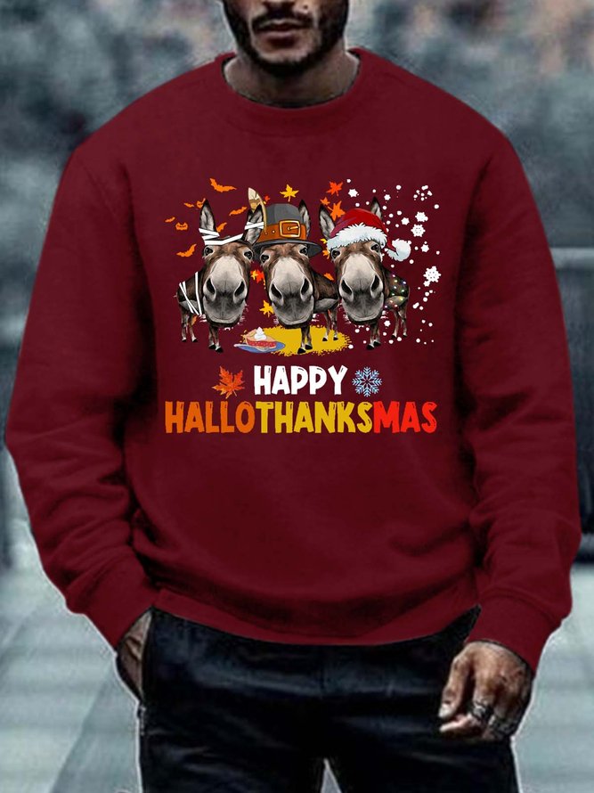 Men Happy Hallothanksmas Donkey Hat Merry Christmas Christmas Crew Neck Sweatshirt