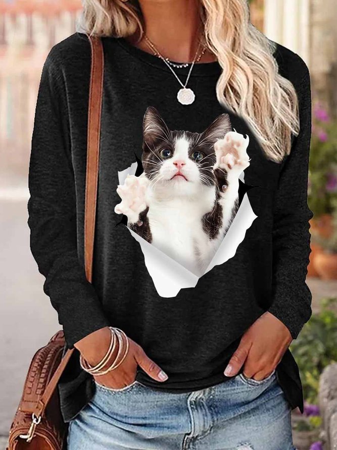 Women Funny Cat 3D Print Cotton-Blend  Long sleeve Top