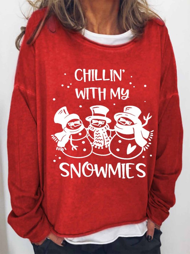 Women Funny Merry Christmas Chillin with my Snowmies Text Letters Simple Sweatshirt