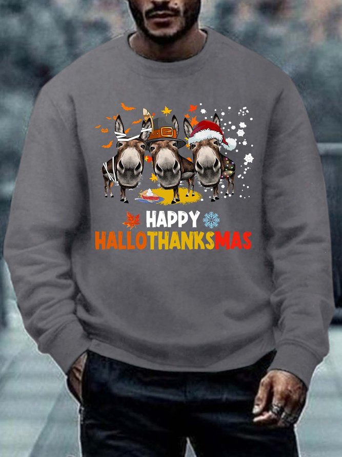 Men Happy Hallothanksmas Donkey Hat Merry Christmas Christmas Crew Neck Sweatshirt