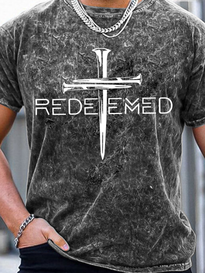 Mens Redeemeo Cross Graphics Printed Crew Neck Text Letters T-Shirt