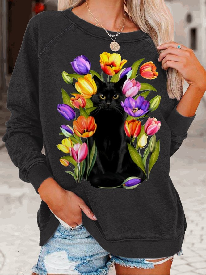 Womens Black Cat Flower Crew Neck Casual Sweatshirt