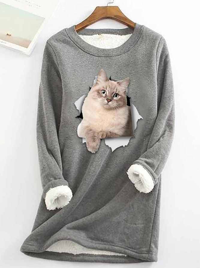 Women Funny 3D Print Cat Simple Warmth Fleece Sweatshirt